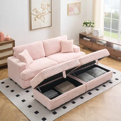 Streamdale Furniture Streamdale Grey Corduroy Sofa W/ Storage Legs & 4 Pillows In Pink