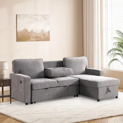 Streamdale Furniture Streamdale Grey Sectional Sleeper Sofa With Storage, Usb & Cup Holders In Gray