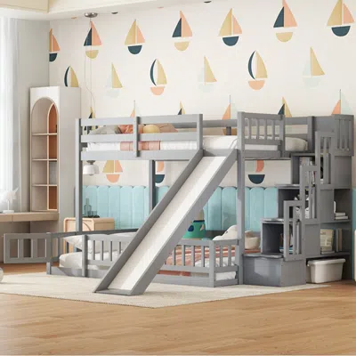 Streamdale Furniture Streamdale Grey Twin-over-full Bunk Bed With Slide And Storage