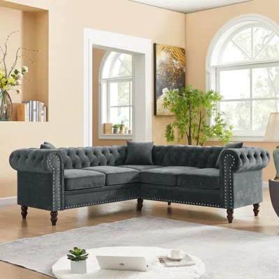 Streamdale Furniture Streamdale Grey Velvet Chesterfield L-shaped Sofa With Pillows