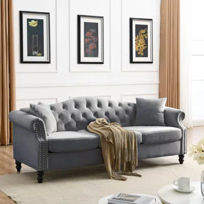 Streamdale Furniture Streamdale Grey Velvet Chesterfield Sofa With Tufted Couch In Gray
