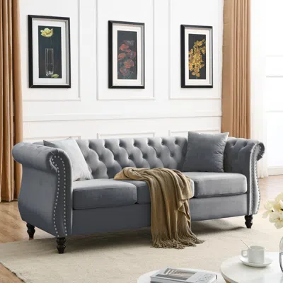 Streamdale Furniture Streamdale Grey Velvet Tufted 3-seater Sofa With Pillows In Gray