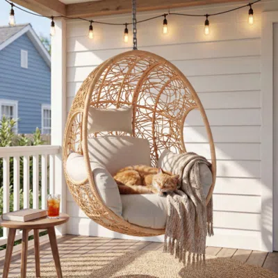 Streamdale Furniture Streamdale Handcrafted Pe Wicker Hanging Chair With Plush Cushion For Indoor And Outdoor Use