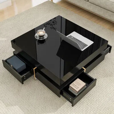 Streamdale Furniture Streamdale High Gloss Coffee Table With 4 Drawers, Multi Storage, Wood Grain Legs In Black