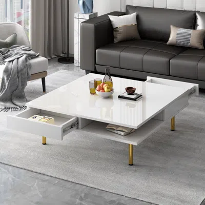 Streamdale Furniture Streamdale High Gloss Coffee Table With Golden Legs And Drawers In White