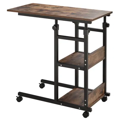 Streamdale Furniture Streamdale Industrial C-shaped Mobile Rolling Sofa Side Table With 3-tier Storage Shelving In Brown