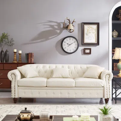 Streamdale Furniture Streamdale Ivory Chesterfield Sofa 85.8" Tufted Faux Leather With Storage