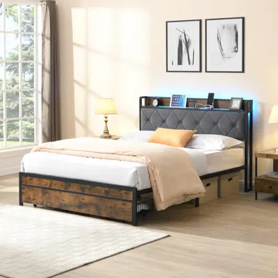 Streamdale Furniture Streamdale King Bed Frame: Led Headboard, Storage Drawers, Usb Charging