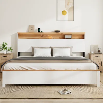 Streamdale Furniture Streamdale King Bed Frame With Charging Station, Rustic White