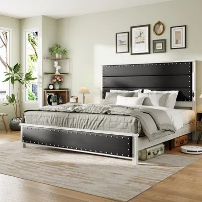 Streamdale Furniture Streamdale King Bed Frame With Headboard, Charging Station & Led Lights