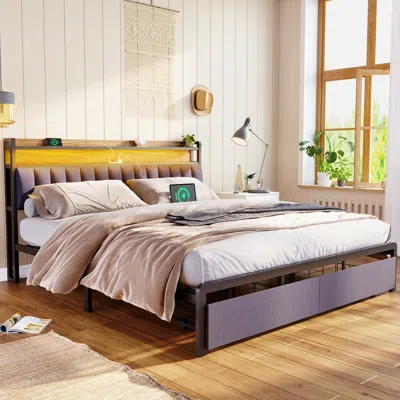 Streamdale Furniture Streamdale King Bed Frames With Storage And Led Platform Frame In Brown
