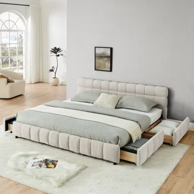 Streamdale Furniture Streamdale King Beige Chenille Upholstered Bed Frame With Storage Drawer (88.5")