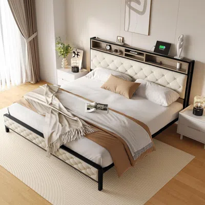 Streamdale Furniture Streamdale King Beige Upholstered Platform Bed Frame With Charging Station In White