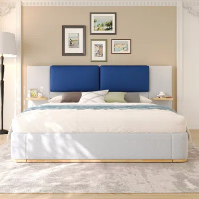 Streamdale Furniture Streamdale King Blue Upholstered Platform Bed Frame In White