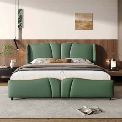 Streamdale Furniture Streamdale King Leather Bed Frame Wingback Headboard Platform Bed Black In Green