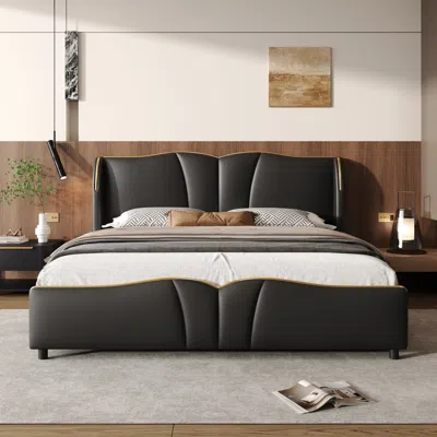 Streamdale Furniture Streamdale King Leather Bed Frame Wingback Headboard Platform Bed Black