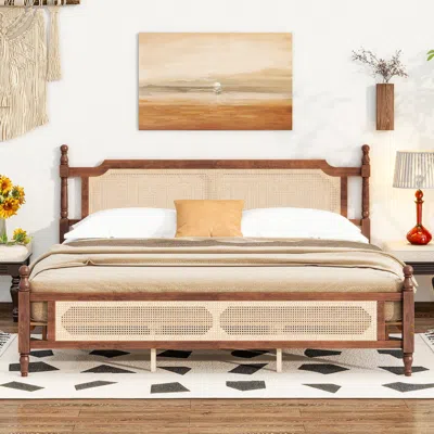 Streamdale Furniture Streamdale King Pine Bed - Rattan Headboard & Footboard, Walnut