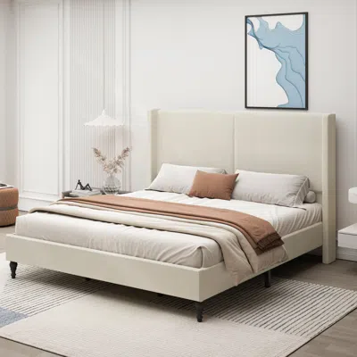 Streamdale Furniture Streamdale King Size Bed Frame, 55.5" Upholstered Headboard, Boucle Beige In White