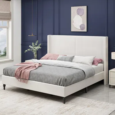Streamdale Furniture Streamdale King Size Bed Frame, Boucle Upholstered Headboard, Wood Feet (white)