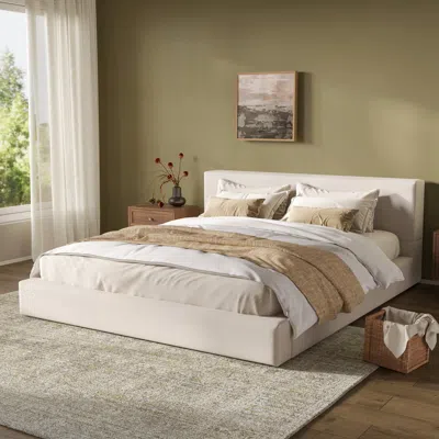 Streamdale Furniture Streamdale King Size Beige Linen Upholstered Platform Bed With Thick Headboard/footboard