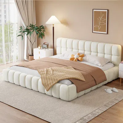 Streamdale Furniture Streamdale King Size Beige Upholstered Platform Bed With Solid Frame In White