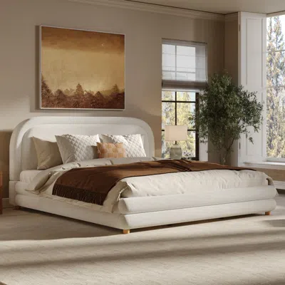 Streamdale Furniture Streamdale King Size Boucle Upholstered Bed Frame With Curved Headboard White