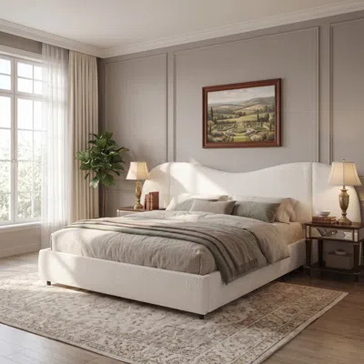 Streamdale Furniture Streamdale King Size Boucle Upholstered Bed Frame With Curved Wide Headboard Off White