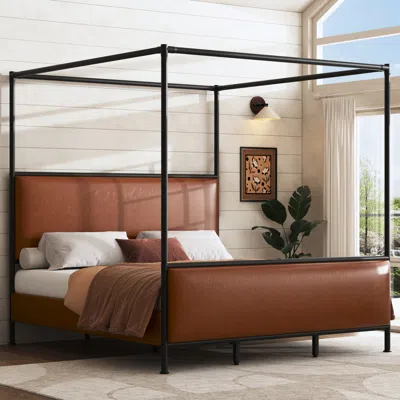 Streamdale Furniture Streamdale King Size Canopy Bed Frame With Pu Upholstered Headboard, Iron Legs, Brown