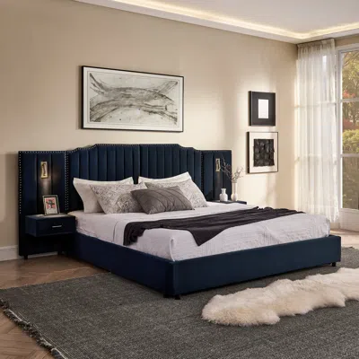 Streamdale Furniture Streamdale King Size Dark Blue Velvet Upholstered Bed Frame With Vertical Stripes & Headboard