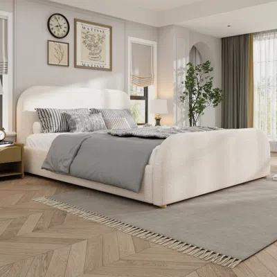 Streamdale Furniture Streamdale King Size Linen Upholstered Bed Frame With Curved Headboard, Beige In Multi