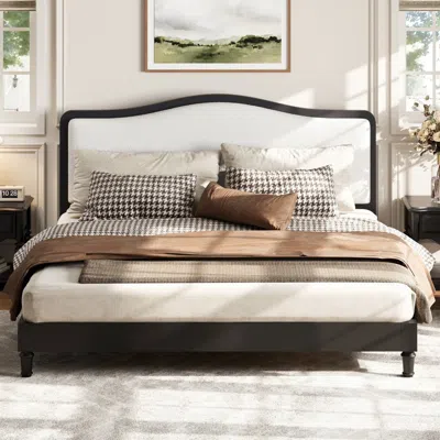 Streamdale Furniture Streamdale King Size Platform Bed With Upholstered Headboard Black Frame+white Fabric
