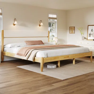 Streamdale Furniture Streamdale King Size Solid Wood Bed Frame With Fleece Upholstered Headboard, Ivory In Brown
