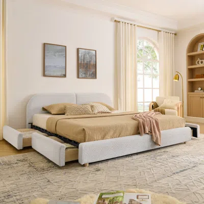 Streamdale Furniture Streamdale King Size Upholstered Bed Frame - Beige, Minimalist Style, Curved Headboard, Drawer Stora In White