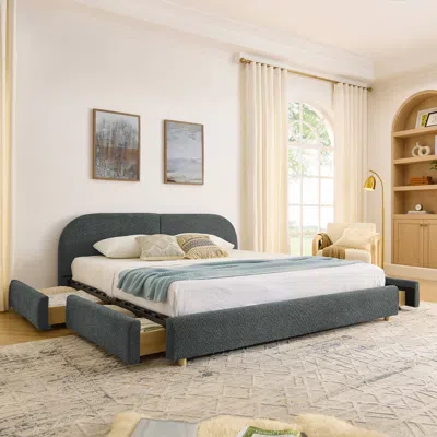 Streamdale Furniture Streamdale King Size Upholstered Bed Frame, Modern Minimalist, Curved Headboard, Drawer Storage - Da In Blue