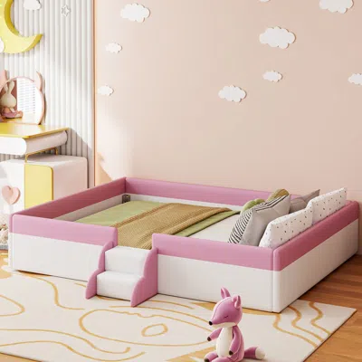 Streamdale Furniture Streamdale King Size Upholstered Daybed Frame With Fence And Stairs,(pink+white)