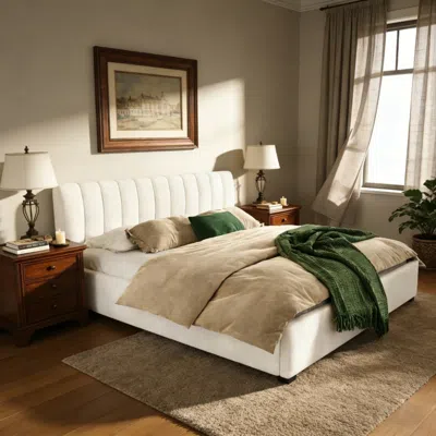 Streamdale Furniture Streamdale King Size Upholstered Linen Bed Frame With Thick Headboard Beige