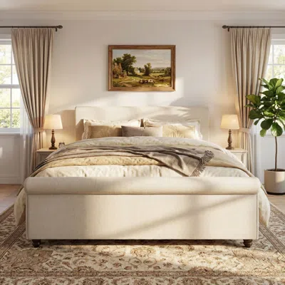 Streamdale Furniture Streamdale King Size Upholstered Linen Bed Frame With Thick Headboard Beige