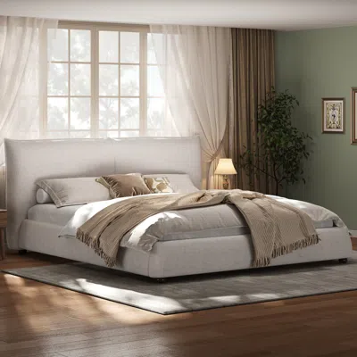 Streamdale Furniture Streamdale King Size Upholstered Platform Bed With Linen Pillow-back Headboard White