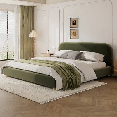 Streamdale Furniture Streamdale King Size Velvet Upholstered Bed Frame, Curve Design, Solid Wood Legs, Olive Green