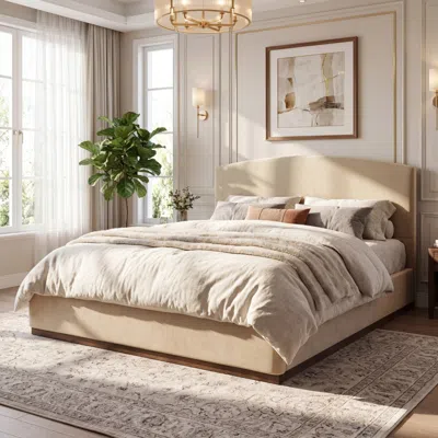 Streamdale Furniture Streamdale King Size Velvet Upholstered Bed Frame With Thick Headboard Camel
