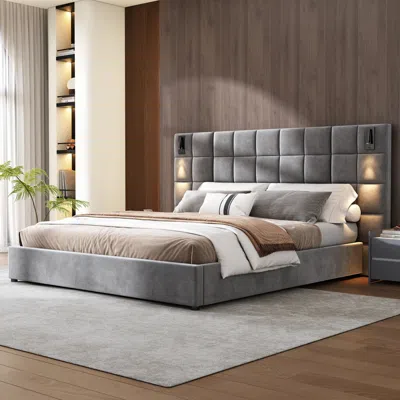 Streamdale Furniture Streamdale King Size Velvet Upholstered Bed Frame With Wall Sconce & Usb, Gray