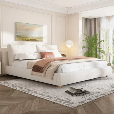 Streamdale Furniture Streamdale King Size White Boucle Upholstered Platform Bed With Removable Pillow Headboard