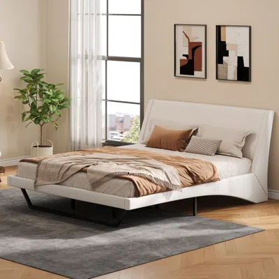 Streamdale Furniture Streamdale King Size White Pu Leather Upholstered Platform Bed Frame, No Box Spring Needed.