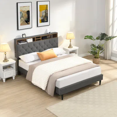 Streamdale Furniture Streamdale King Upholstered Bed Frame, Usb Ports, Dark Grey