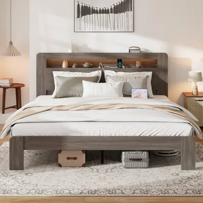 Streamdale Furniture Streamdale King Wood Bed Frame Led Headboard Usb Storage