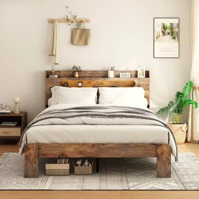 Streamdale Furniture Streamdale King Wood Bed Frame Led Headboard Usb Storage In Neutral