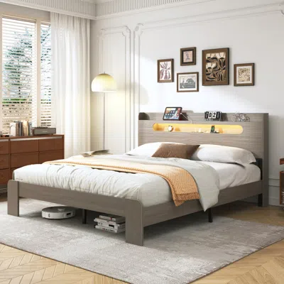 Streamdale Furniture Streamdale King Wood Bed Frame Led Headboard Usb Storage