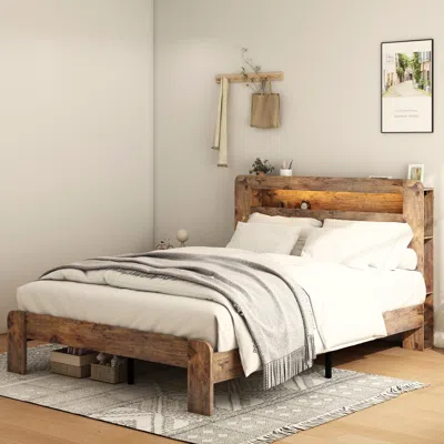 Streamdale Furniture Streamdale King Wood Bed Frame Led Headboard Usb Storage In Brown