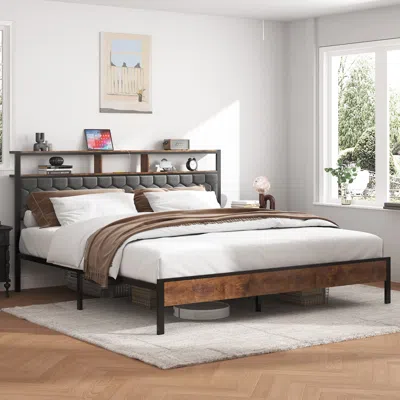 Streamdale Furniture Streamdale King Wooden Platform Bed Frame W/ Usb Ports & Storage - Brown