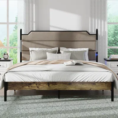 Streamdale Furniture Streamdale King/queen Bed Frame With Upholstered Headboard, Charging Station, Led Lights